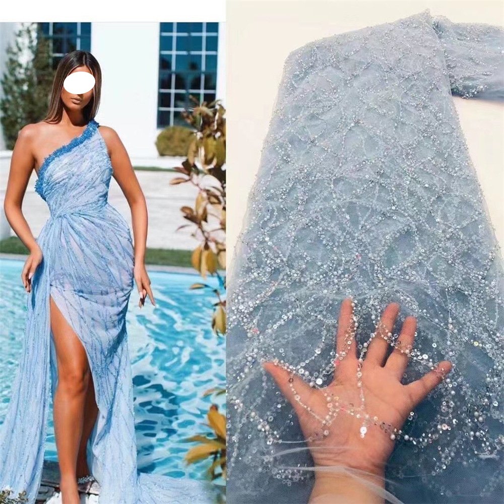 New Fashion Beaded Lace Pearls Sequin Fabric Embroidered Sequins Stripe Lace Fabric Net Lace Fabric For Dress