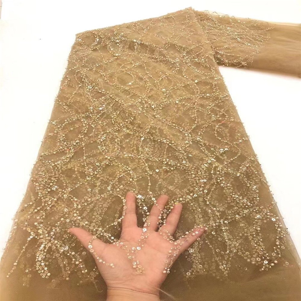 New Fashion Beaded Lace Pearls Sequin Fabric Embroidered Sequins Stripe Lace Fabric Net Lace Fabric For Dress
