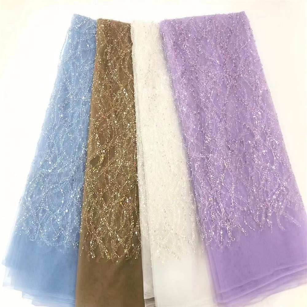 New Fashion Beaded Lace Pearls Sequin Fabric Embroidered Sequins Stripe Lace Fabric Net Lace Fabric For Dress