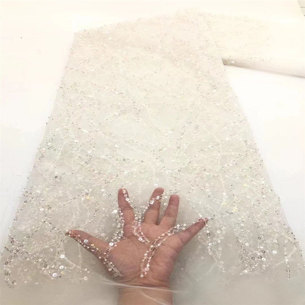 New Fashion Beaded Lace Pearls Sequin Fabric Embroidered Sequins Stripe Lace Fabric Net Lace Fabric For Dress