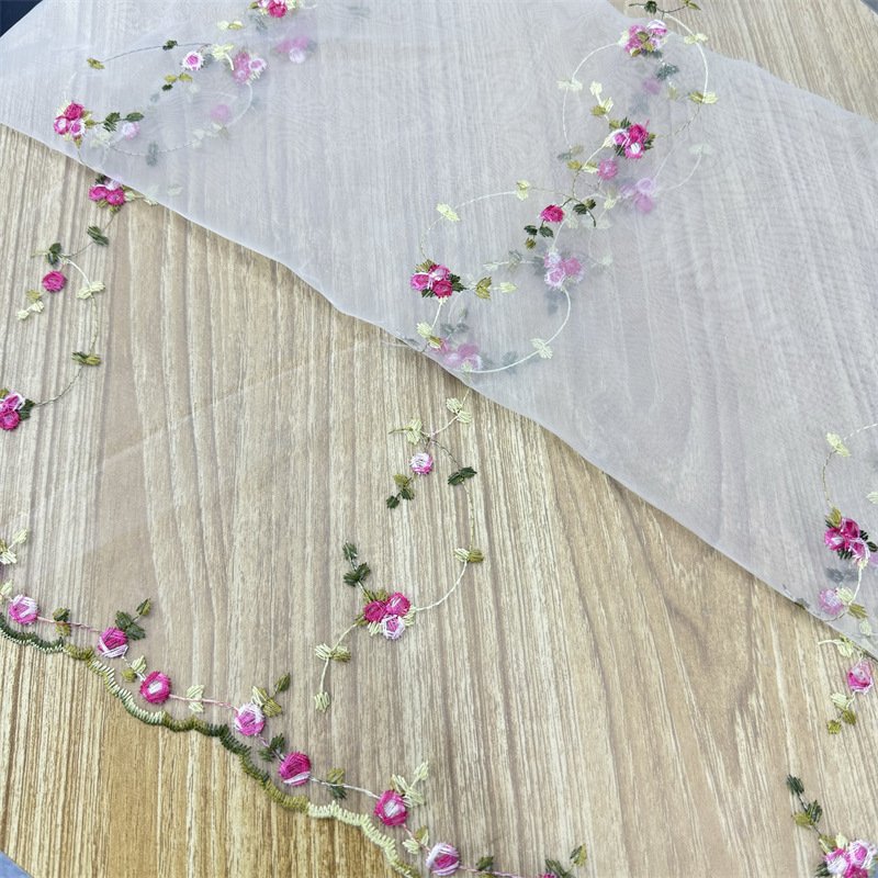 Width 130 cm embroidery organza flowers fabric red mesh net voile tulle lace fabric for dress skirt