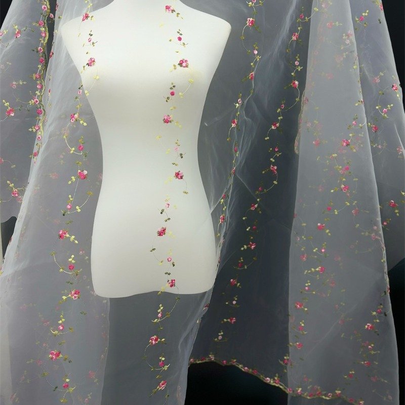 Width 130 cm embroidery organza flowers fabric red mesh net voile tulle lace fabric for dress skirt