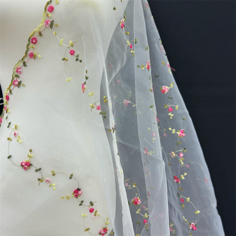 Width 130 cm embroidery organza flowers fabric red mesh net voile tulle lace fabric for dress skirt