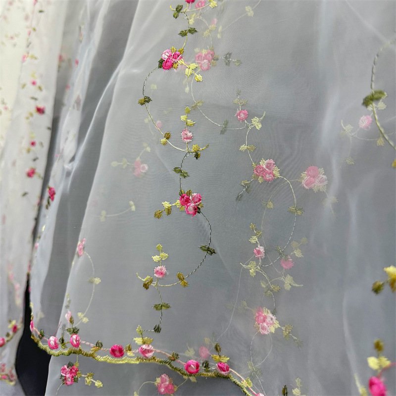 Width 130 cm embroidery organza flowers fabric red mesh net voile tulle lace fabric for dress skirt