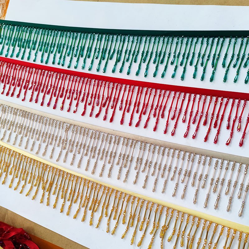 7CM Champagne crystal long and short hanging bead tassel lace trim for DIY dress accessories