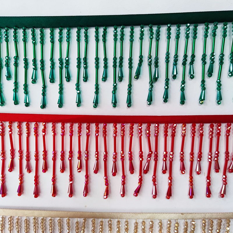 7CM Champagne crystal long and short hanging bead tassel lace trim for DIY dress accessories