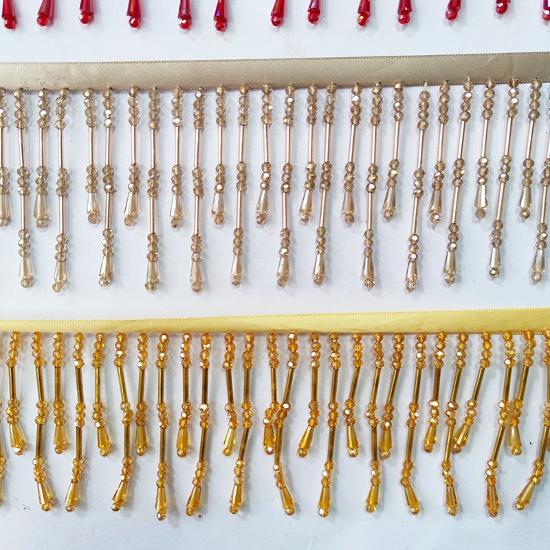 7CM Champagne crystal long and short hanging bead tassel lace trim for DIY dress accessories