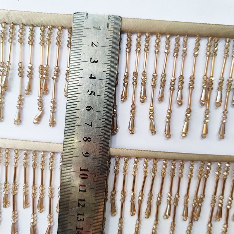 7CM Champagne crystal long and short hanging bead tassel lace trim for DIY dress accessories