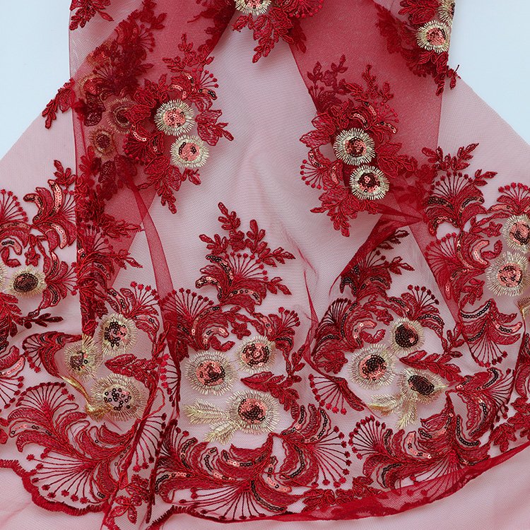 Lace fabric embroidery fabric with sequins and beads for wedding dress