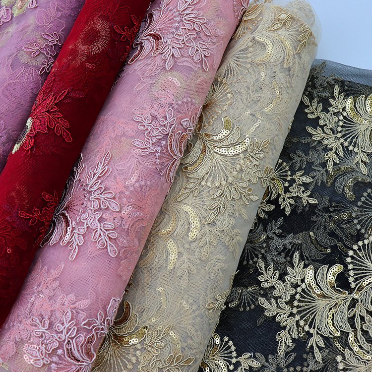 Lace fabric embroidery fabric with sequins and beads for wedding dress