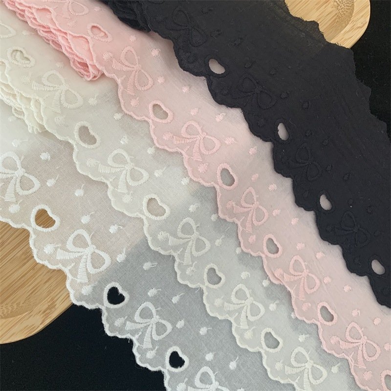 Wholesale Price 7.5cm width trimmings heart bow cotton embroidery Lace Trim fabrics for Lolita dresses Clothing accessories