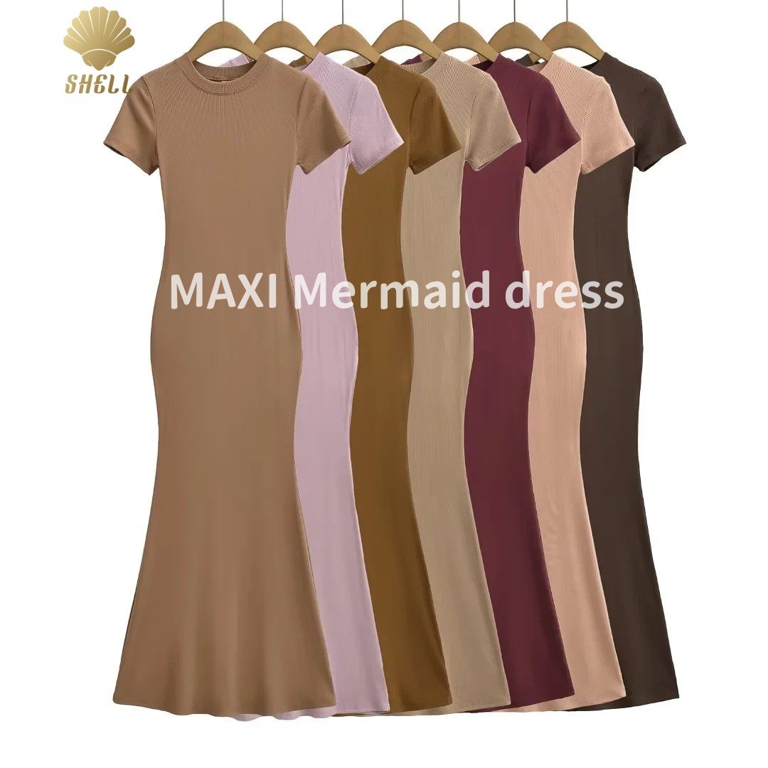 CNSHELL Crew Neck Short-Sleeved Fishtail Bottom Floor Length Micro Rib Slim Fit A Piece Dress Women