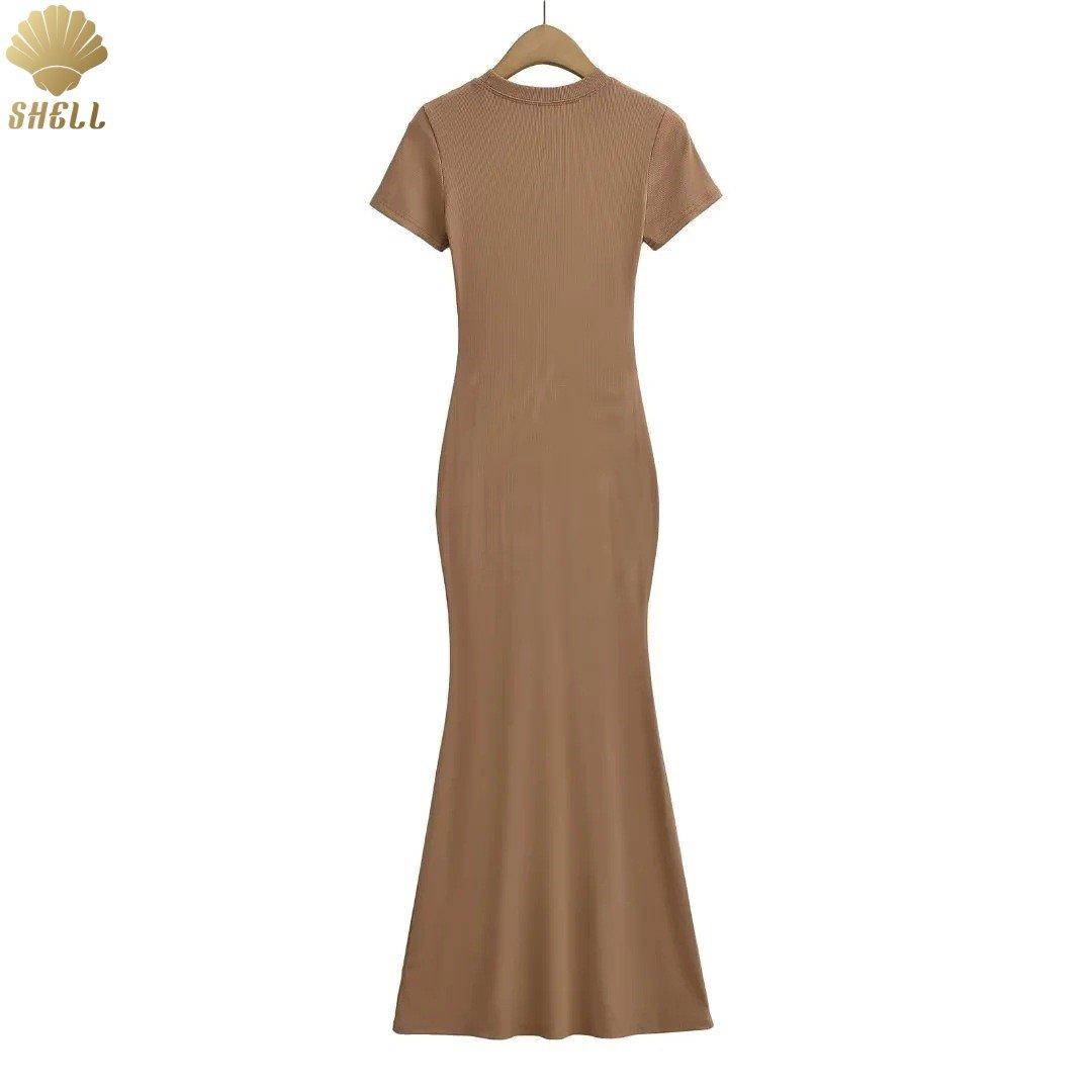 CNSHELL Crew Neck Short-Sleeved Fishtail Bottom Floor Length Micro Rib Slim Fit A Piece Dress Women