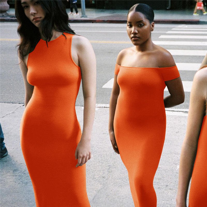 Wholesale ladies Solid Ribbed Knit Casual Lounge Off The Shoulder Summer Dress Women maxi Bodycon Long Dresses