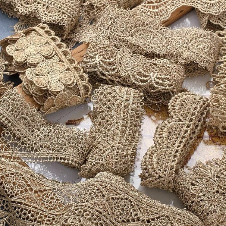 Water soluble Sewing Lace Clothing Accessories Metallic Yarn Decorative Lace Trim Embroidery Encajes Gold Polyester Lace Trim