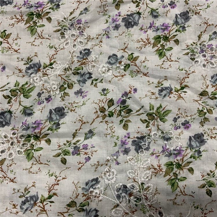 In stock cheap custom print design floral printed cotton lace eyelet punch embroidery fabric for shirt dress