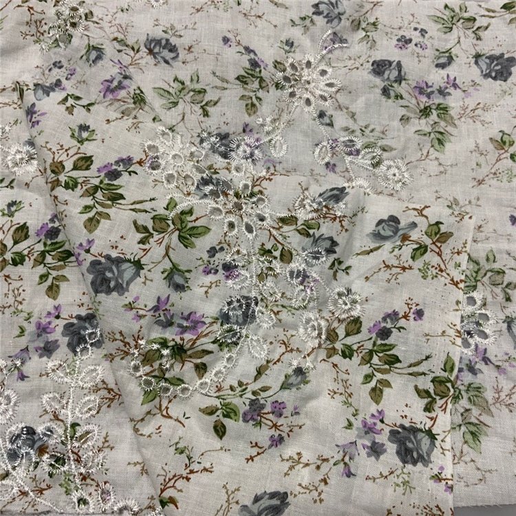 In stock cheap custom print design floral printed cotton lace eyelet punch embroidery fabric for shirt dress