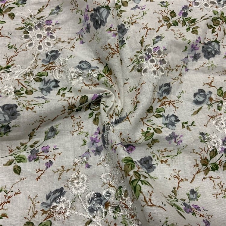 In stock cheap custom print design floral printed cotton lace eyelet punch embroidery fabric for shirt dress