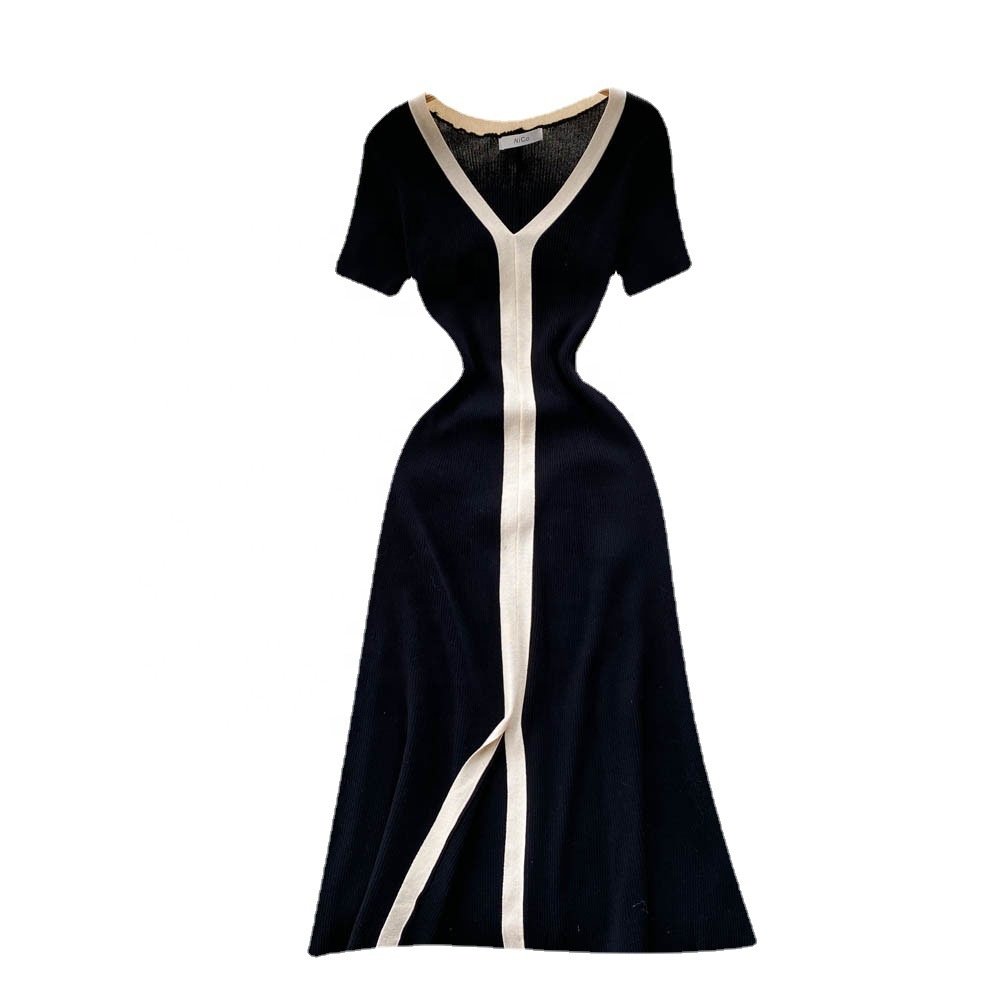 2024 Short Sleeve V-neck Color Blocking Sheath Dress Summer Contrast Color Dress Ladies ELEGANT Dress Clothes Women Wholesale