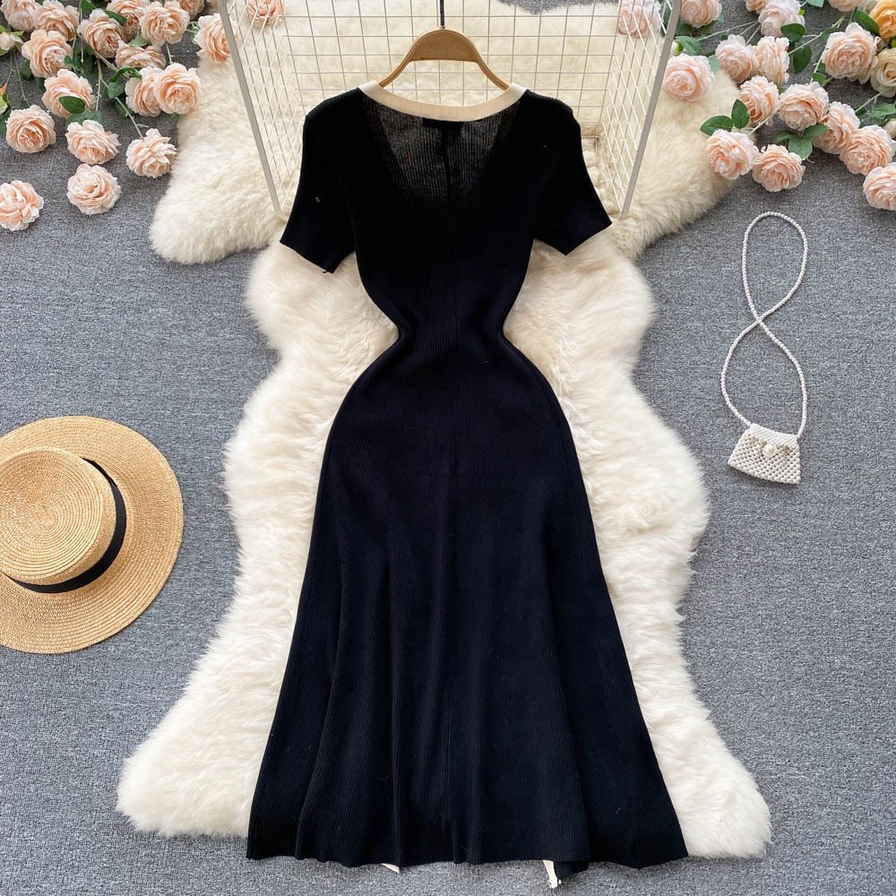 2024 Short Sleeve V-neck Color Blocking Sheath Dress Summer Contrast Color Dress Ladies ELEGANT Dress Clothes Women Wholesale