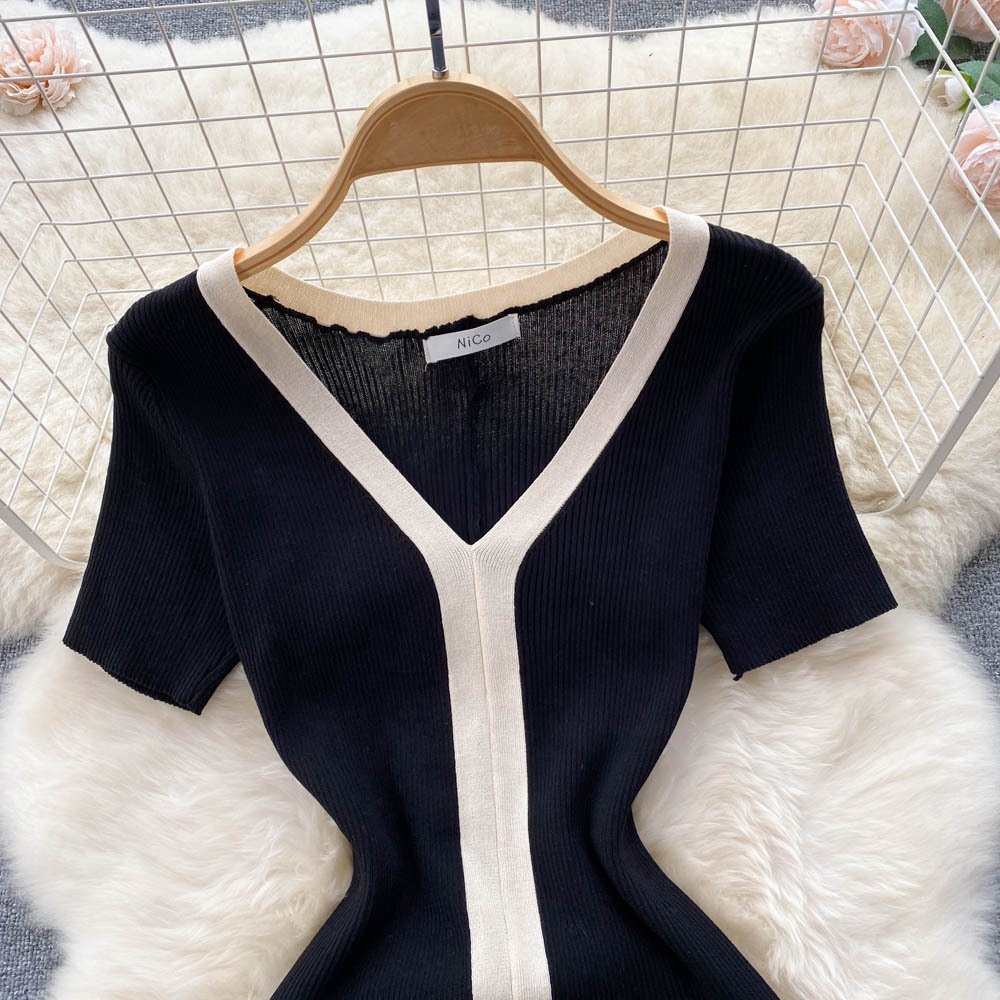 2024 Short Sleeve V-neck Color Blocking Sheath Dress Summer Contrast Color Dress Ladies ELEGANT Dress Clothes Women Wholesale