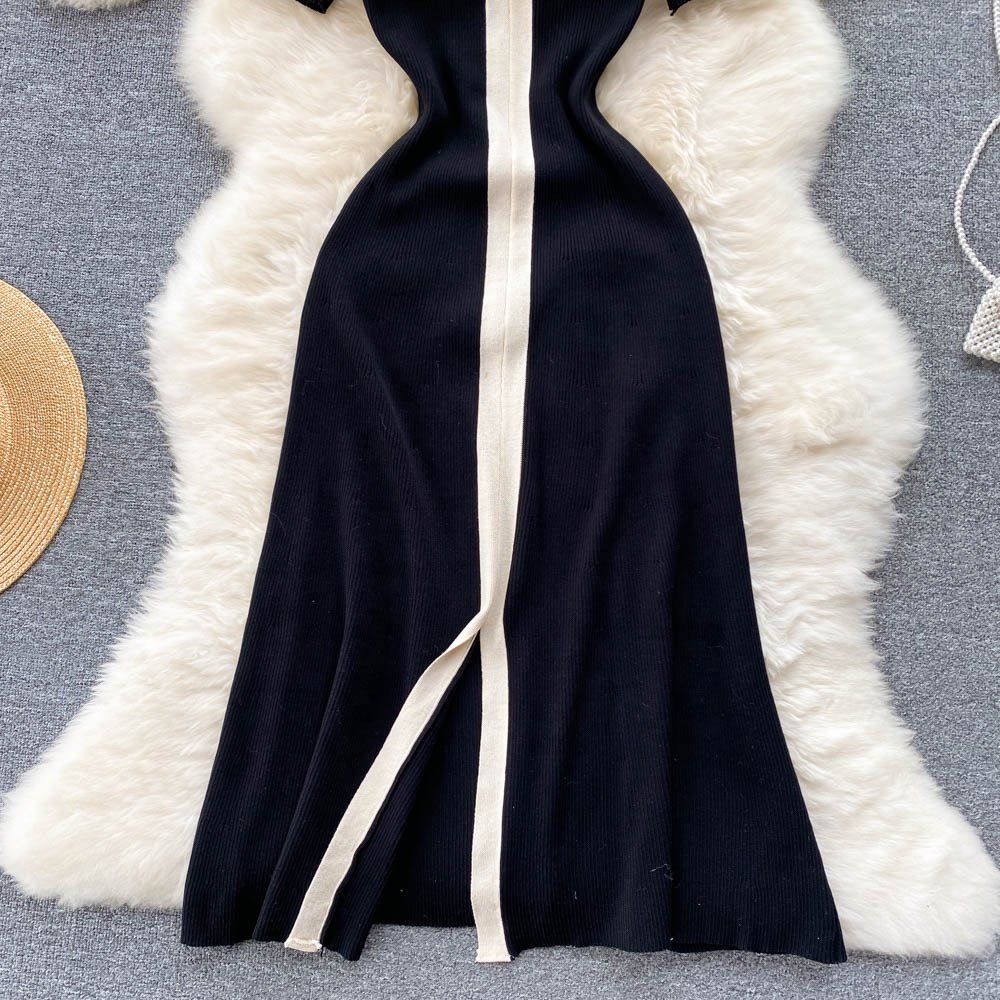 2024 Short Sleeve V-neck Color Blocking Sheath Dress Summer Contrast Color Dress Ladies ELEGANT Dress Clothes Women Wholesale