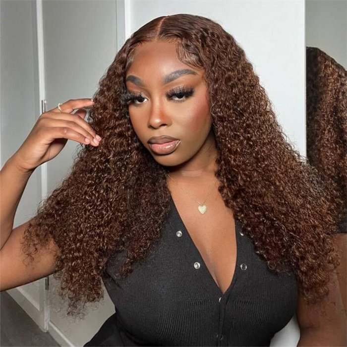 wholesale Chocolate Brown Color Curly 13x4 Lace Front Human Hair Wig 150% Density