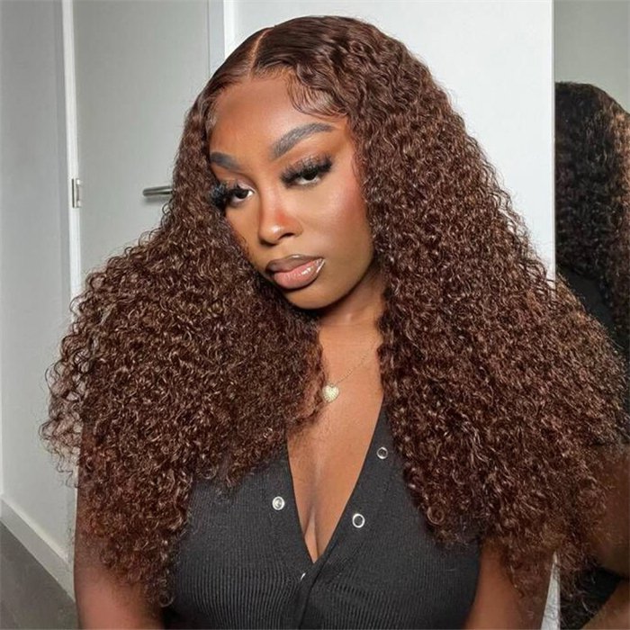 wholesale Chocolate Brown Color Curly 13x4 Lace Front Human Hair Wig 150% Density