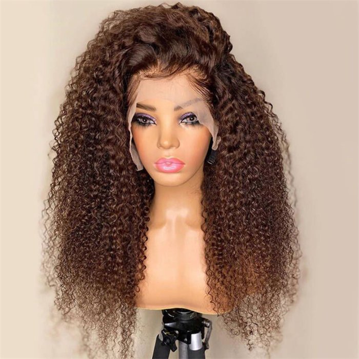 wholesale Chocolate Brown Color Curly 13x4 Lace Front Human Hair Wig 150% Density