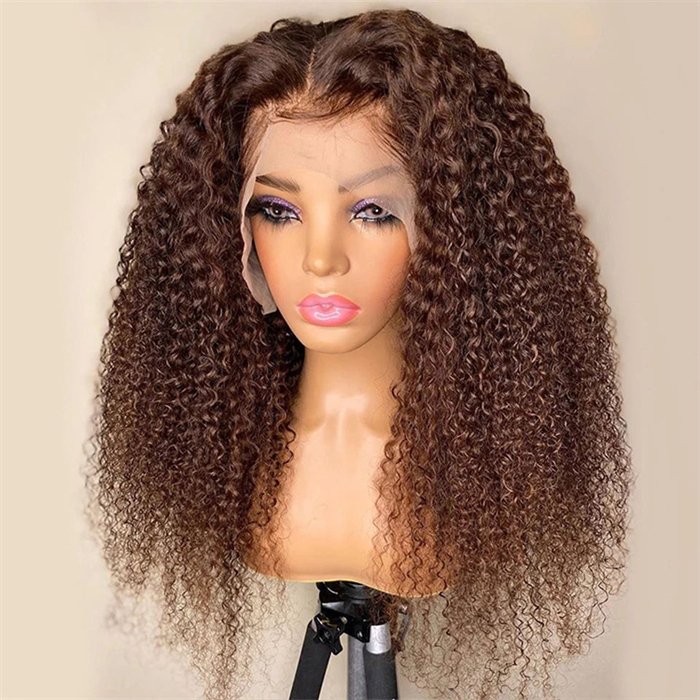 wholesale Chocolate Brown Color Curly 13x4 Lace Front Human Hair Wig 150% Density