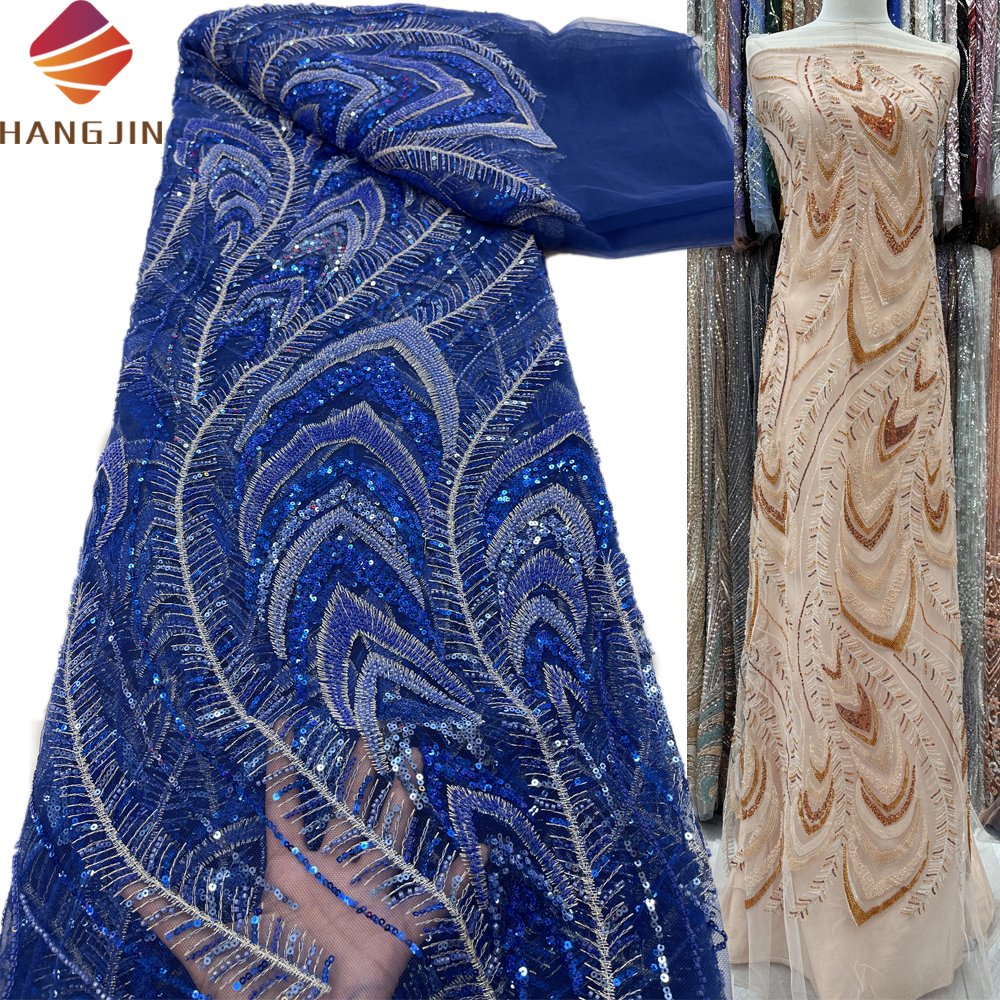 Hot Sale 3D Embroidery African Lace Fabric 5 Yards High Quality Royal Blue Elegant Hand Beaded Lace Fabric For Women Dress