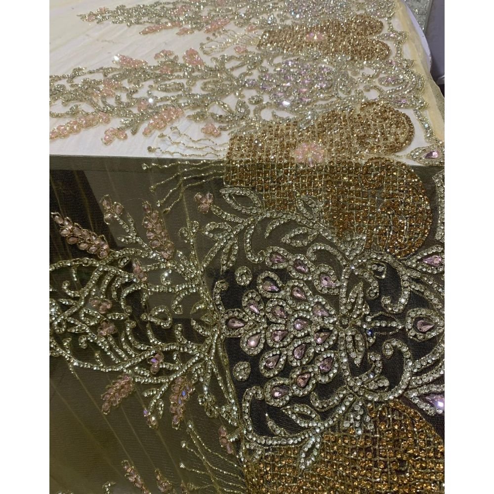 New Arrival Embroidered Lace Wedding Dresses Fabric with Printed Beads Decoration for Women from India