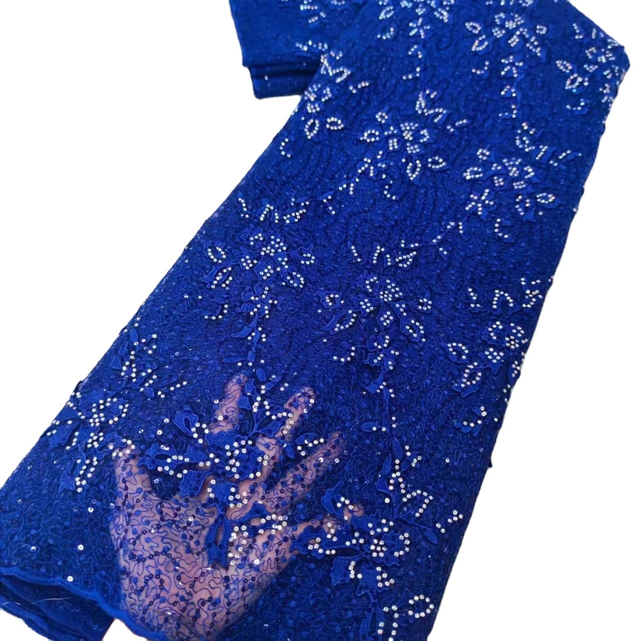 Supoo Embroidery Tulle Lace Fabric Sequins French Tulle Lace Fabric for Wedding Evening Dress Navy Blue Lace Fabric