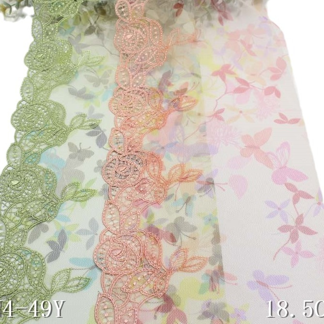 Latest OEM 3D Embroidery Net Lace 17CM Coloful Flower Tulle Lace Trim Black Pink Mesh Lace Fabrics For Bra
