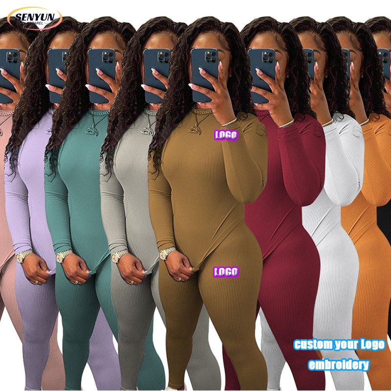 Factory Ribbed Long Sleeve Leggings Lounge Two Piece Lounge Wear Custom Logo Sexy Slim Fit Plain Luxury Loungewear Women Sets