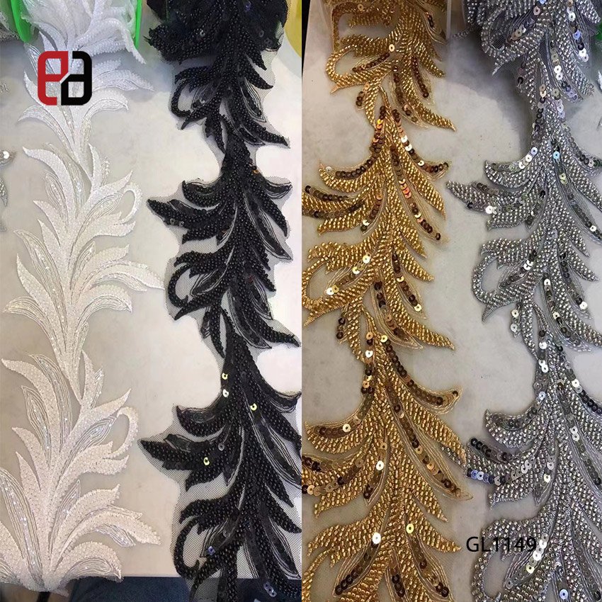 Bling Bling Beaded Leaf Shape Flower Floral Lace Trim with Sequins For Dance Dress
