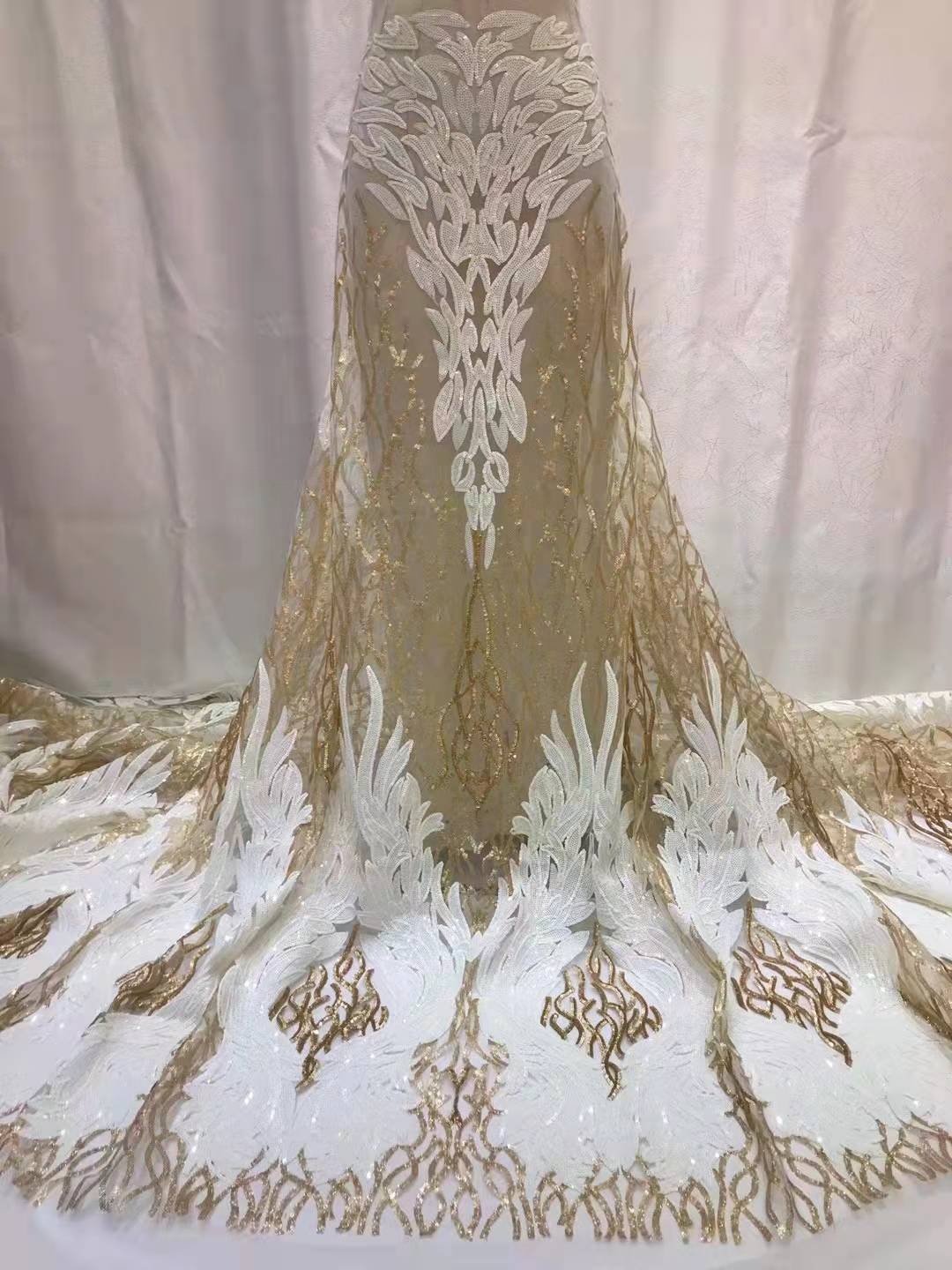 3D flower gold lace sequin fabric nigerian sequin lace fabric trim for woman wedding dress