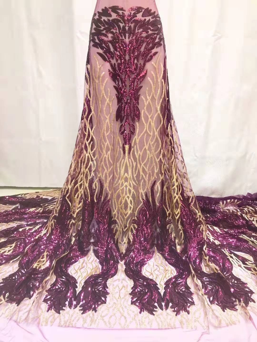3D flower gold lace sequin fabric nigerian sequin lace fabric trim for woman wedding dress