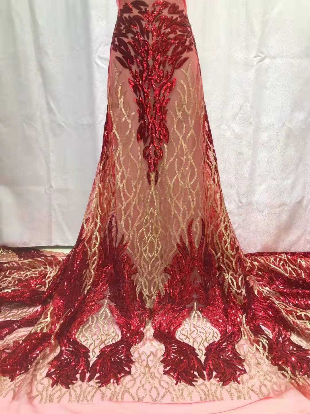 3D flower gold lace sequin fabric nigerian sequin lace fabric trim for woman wedding dress