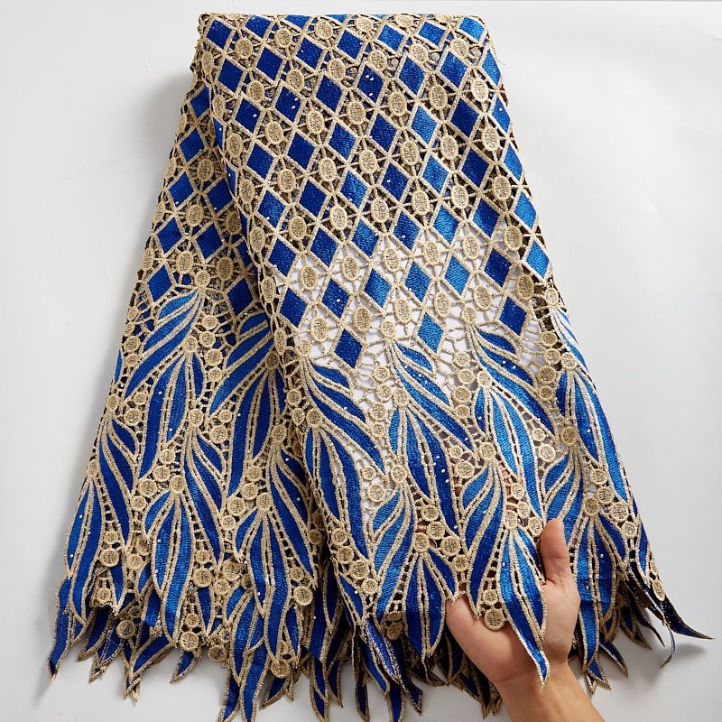 2547 Wholesale Royal Blue Guipure Lace Fabric African Embroidery Stones Cord Lace Fabrics Fo Dresses