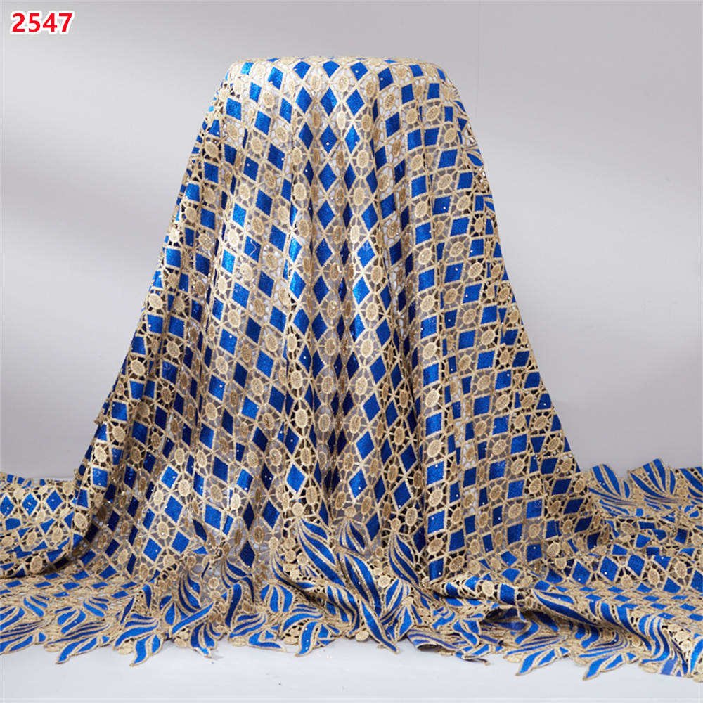 2547 Wholesale Royal Blue Guipure Lace Fabric African Embroidery Stones Cord Lace Fabrics Fo Dresses