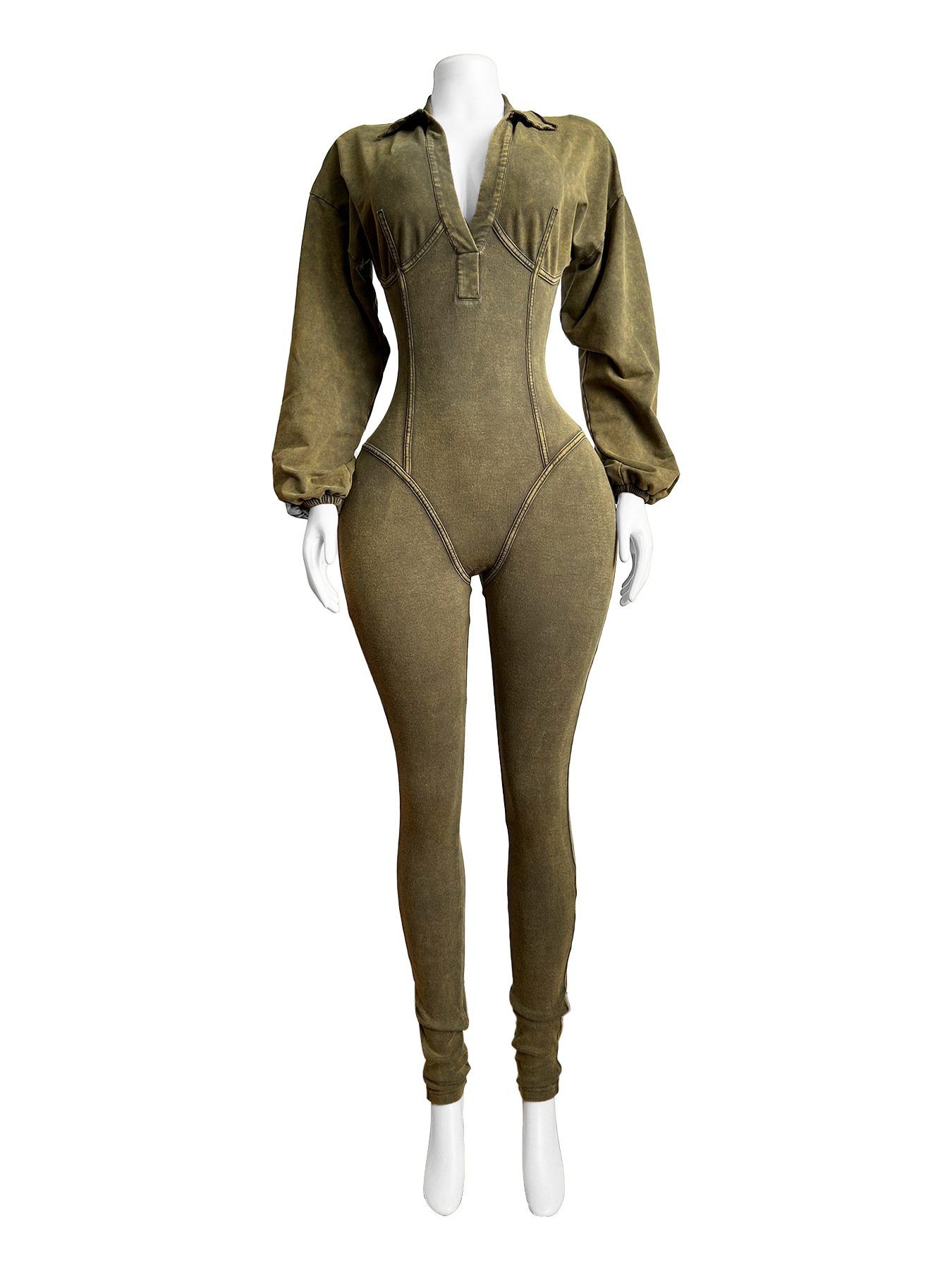 2024 New Arrival Cotton Ribbed Tight Jumpsuits Sexy Deep V Neck Romper Solid Color Long Sleeve Jumpsuit For Women
