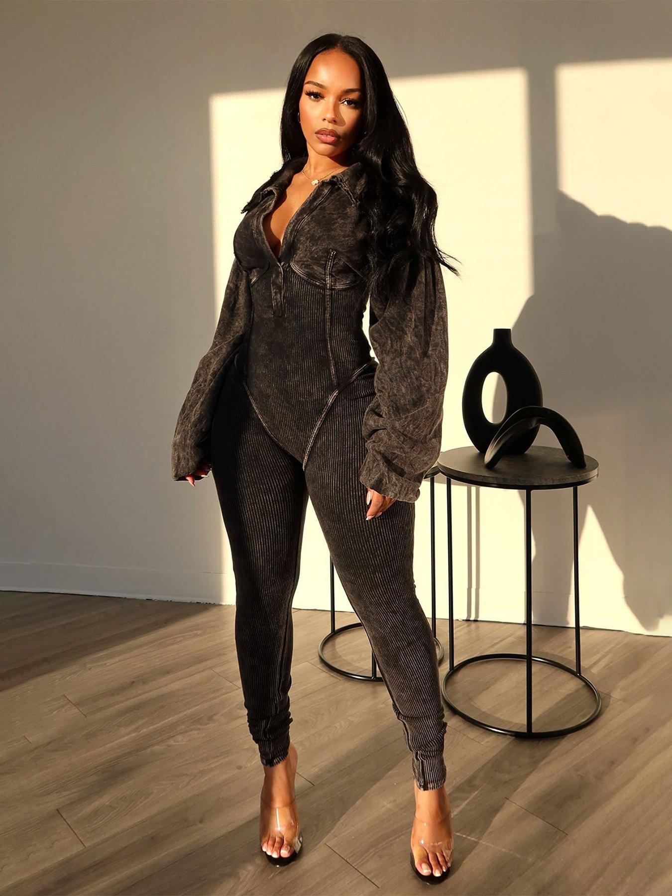 2024 New Arrival Cotton Ribbed Tight Jumpsuits Sexy Deep V Neck Romper Solid Color Long Sleeve Jumpsuit For Women