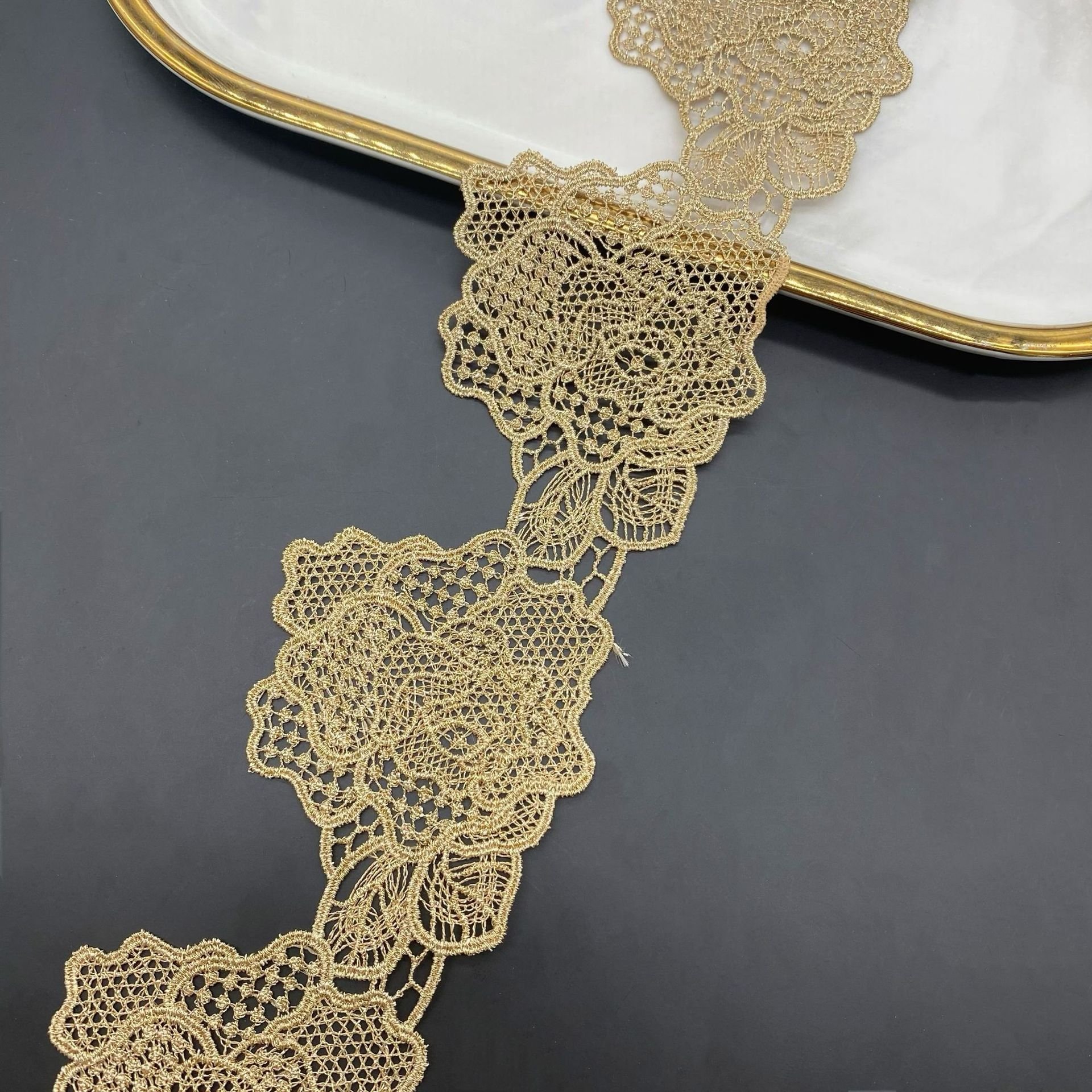 Factory sale embroidered bridal lace metallic yarn gold lace trim for garment decoration