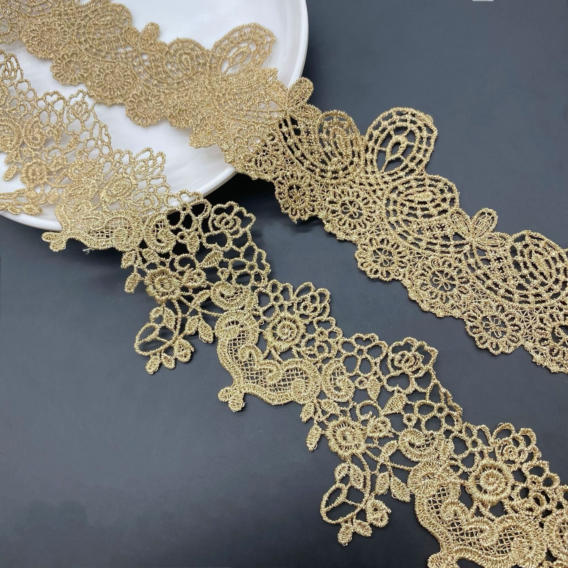 Factory sale embroidered bridal lace metallic yarn gold lace trim for garment decoration