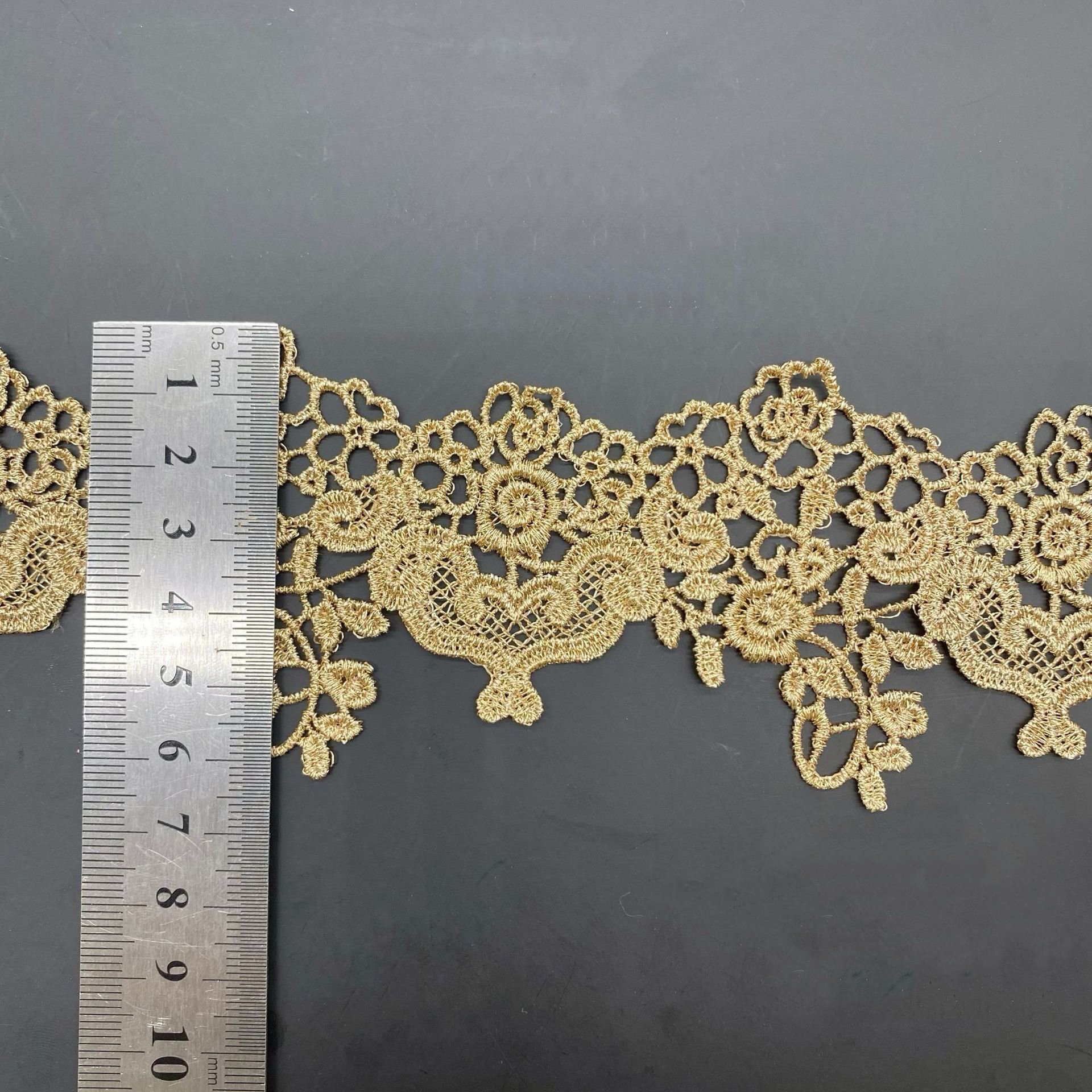 Factory sale embroidered bridal lace metallic yarn gold lace trim for garment decoration