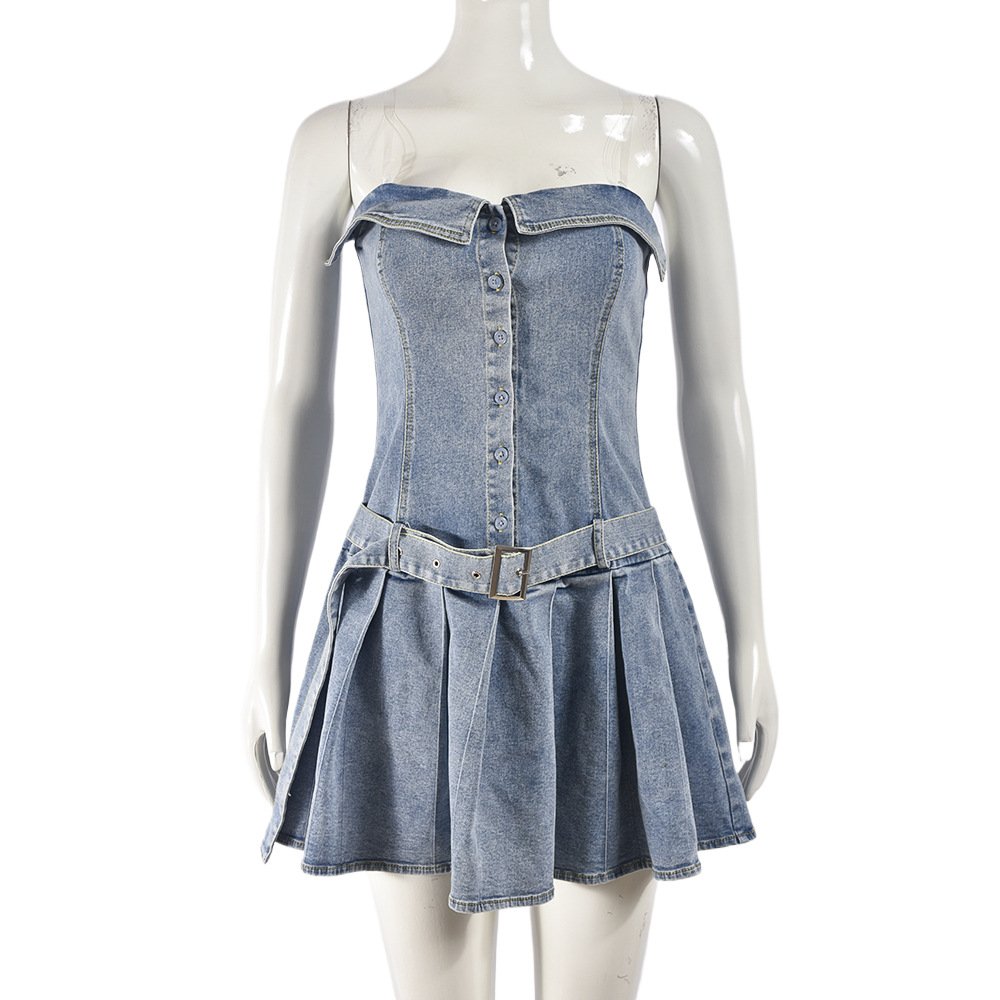 Hot Selling Summer Y2K Women Clothing Strapless Pleated Mini Dress Sleeveless Jeans Dress Streetwear Women's Denim Dresses