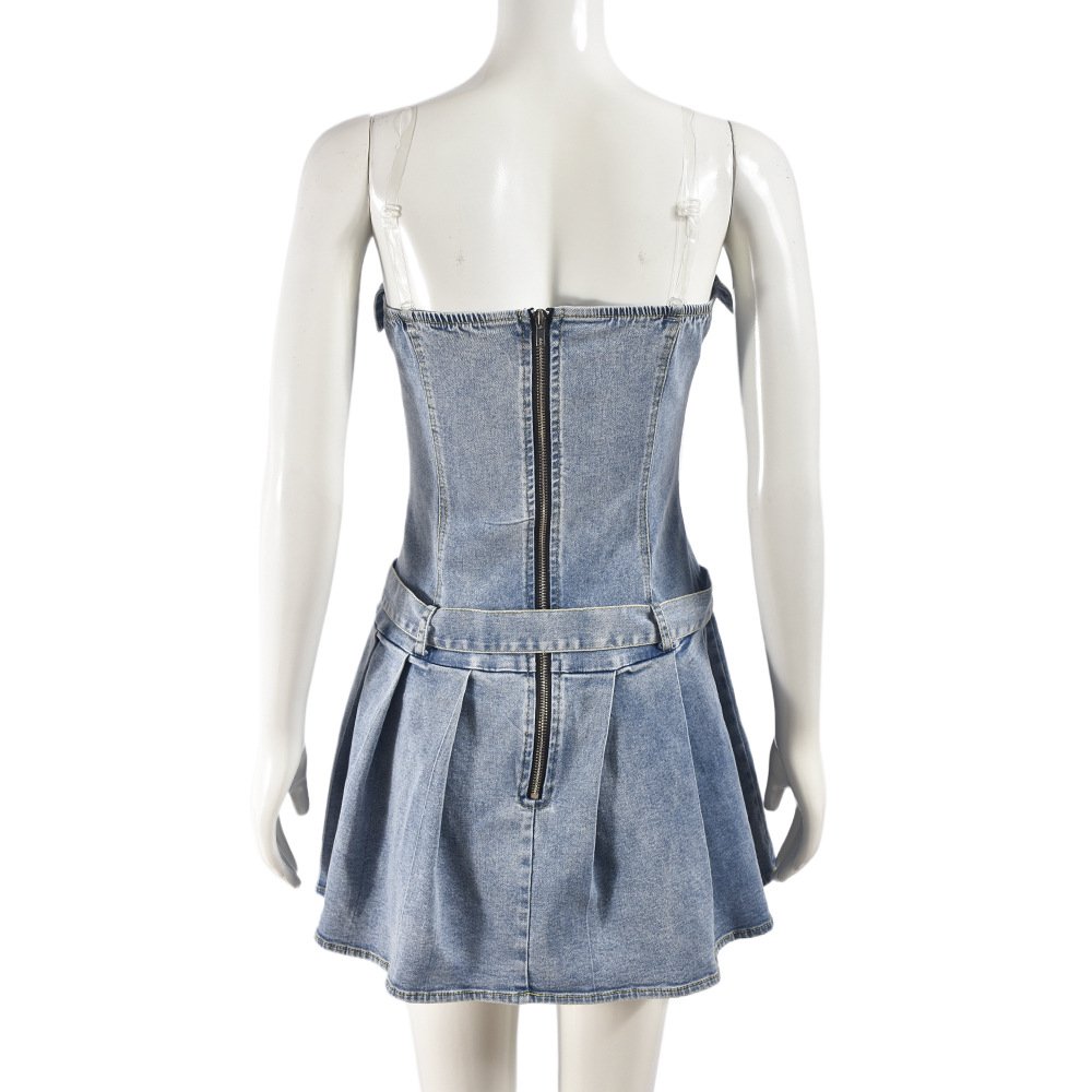 Hot Selling Summer Y2K Women Clothing Strapless Pleated Mini Dress Sleeveless Jeans Dress Streetwear Women's Denim Dresses