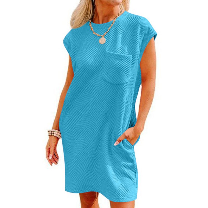Wholesale summer casual lightweight skirt breathable solid color loose dress textured striped crew neck cap sleeve women dresses