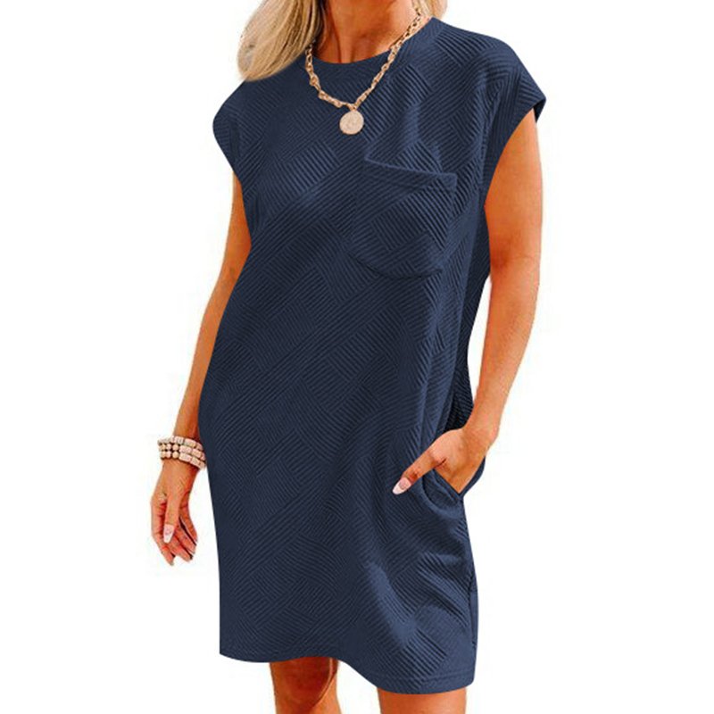 Wholesale summer casual lightweight skirt breathable solid color loose dress textured striped crew neck cap sleeve women dresses